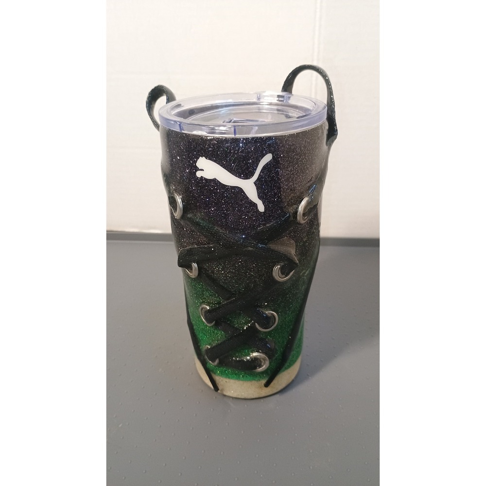 Puma "Custom"  Sneaker Tumbler 20oz Green Black Excellent Glitter Laced Up